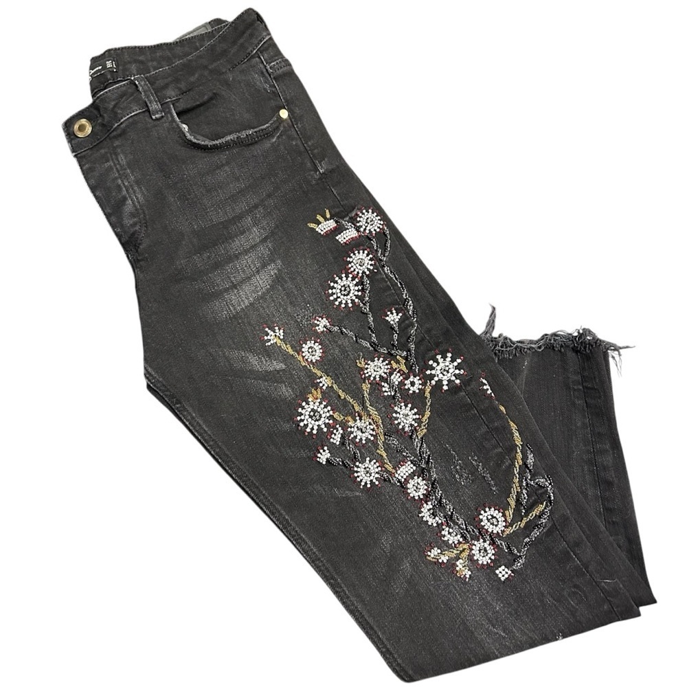 Zara Black Raw Edge Jeans with Beaded Floral Embroidery SZ 8 - Picture 1 of 5